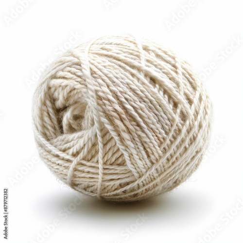Close-Up of a Ball of Beige Yarn on a White Background - Perfect for Knitting, Crocheting, and Crafting Projects