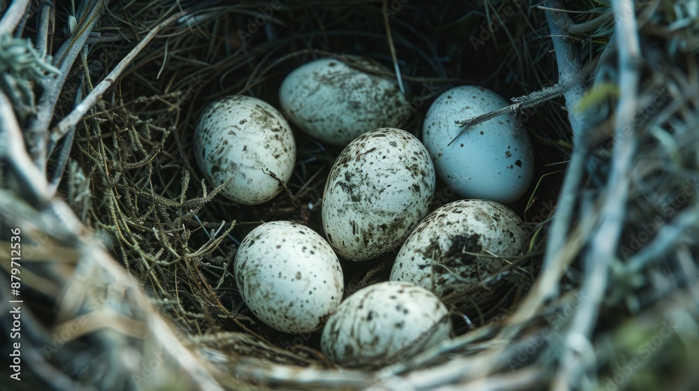 Detailed view of a cormorant’s nest with pale, medium-sized eggs Detailed view of a cormorant’s nest with pale, medium-sized eggs