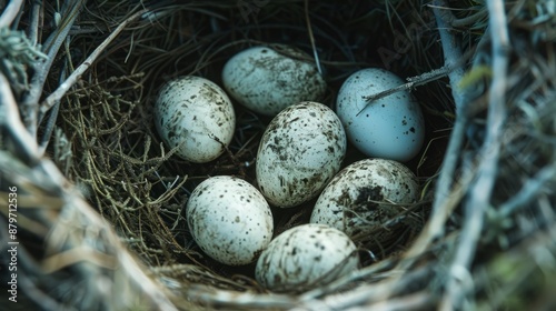 Detailed view of a cormorant’s nest with pale, medium-sized eggs