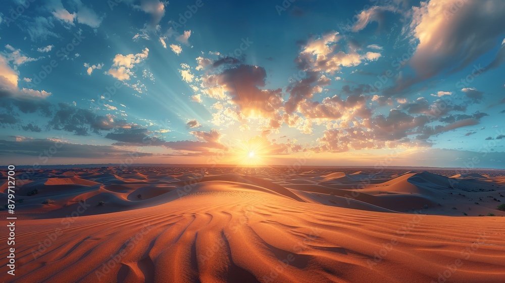 A vast desert landscape with rolling dunes, the sun setting on the horizon, creating dramatic shadows