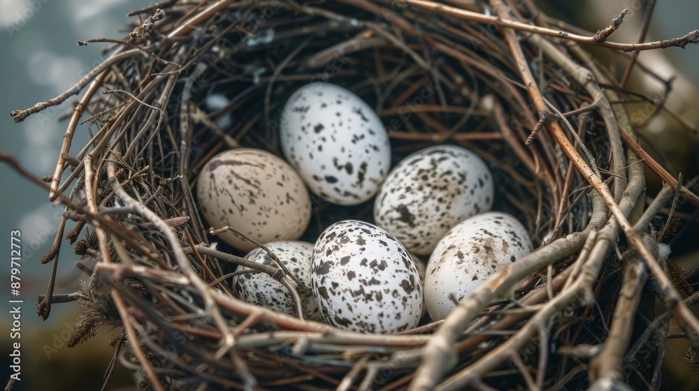 A close-up view of a cormorant’s nest with medium-sized, pale eggs A close-up view of a cormorant’s nest with medium-sized, pale eggs