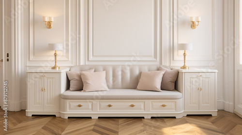 Posh beige tufted settee in elegant paneled room with herringbone parquet
