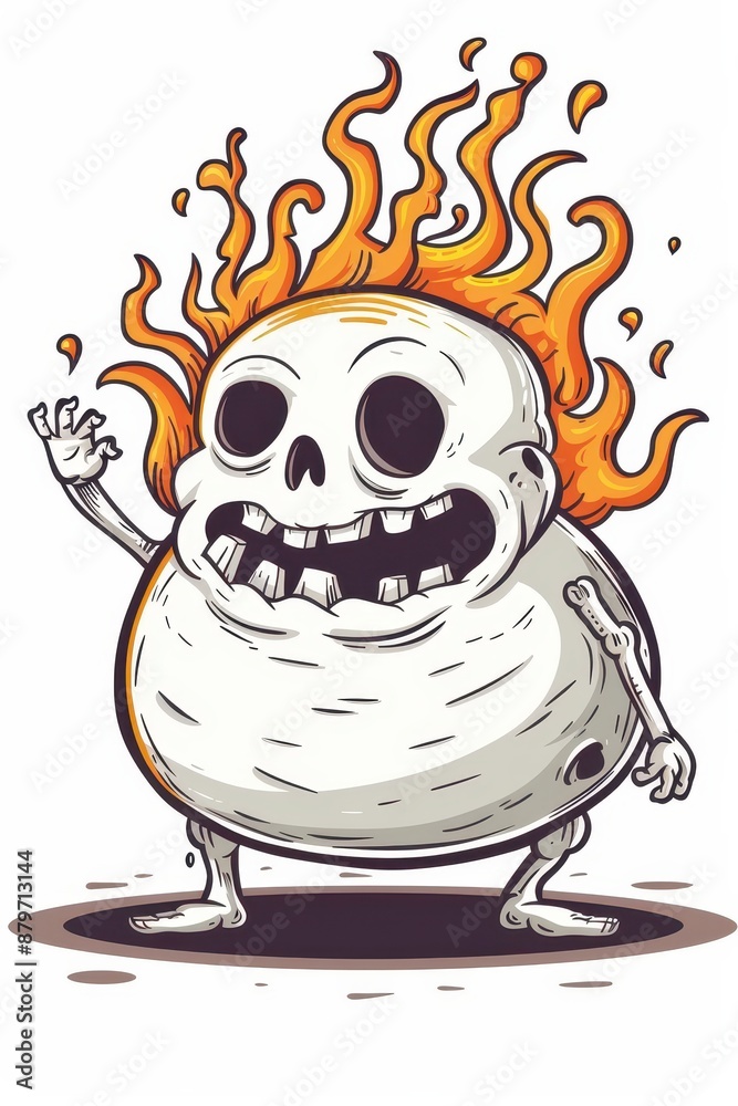 Cute cartoon skeleton character with a round body and flames on its head, waving and smiling charmingly. Whimsical and playful illustration. Cute cartoon skeleton character with a round body and flames on its head, waving and smiling charmingly. Whimsical and playful illustration.