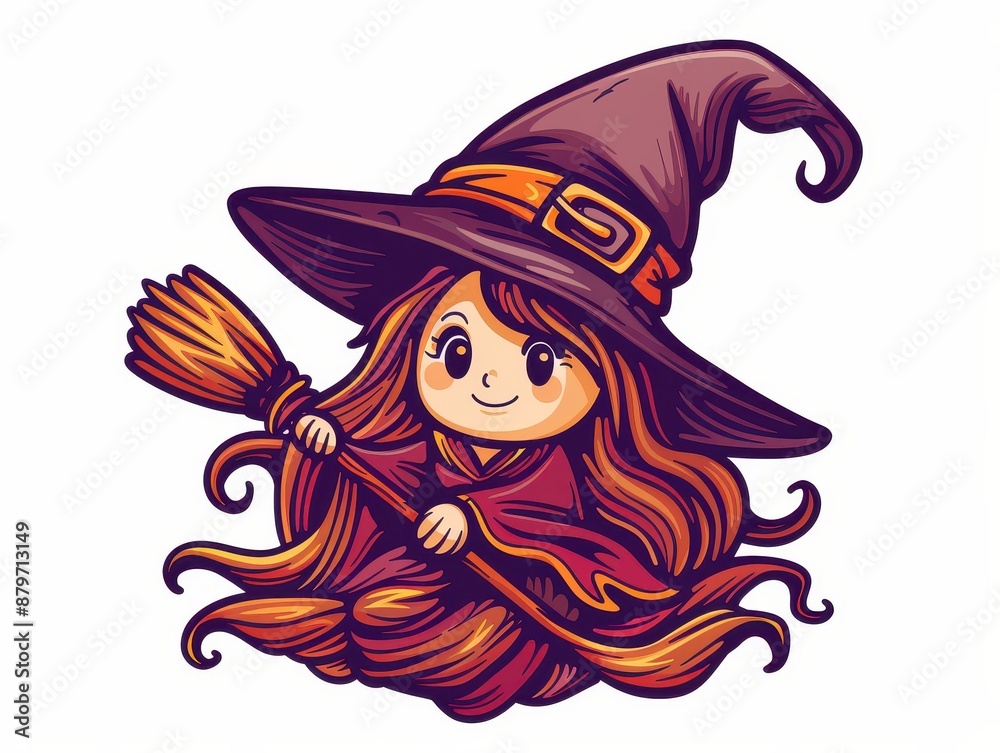 Cute cartoon witch with a large hat and broomstick, perfect for Halloween-themed designs and festive illustrations.