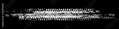 Grunge tire track, wheel braking marks. White truck, car or motorcycle tread pattern silhouette. Auto race, motorsport, speed racing design element. Vector illustration