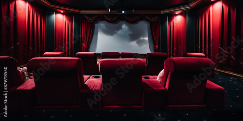Home cinema with red velvet seats, curtains and dark walls for movie watching