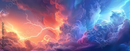 Bright lightning in a sky with swirling storm clouds, Lightning and sky, Dynamic atmospheric energy