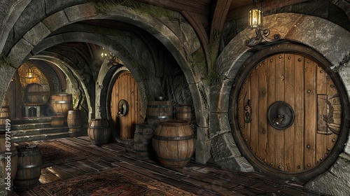 Hobbit Architecture. AI generated art illustration.