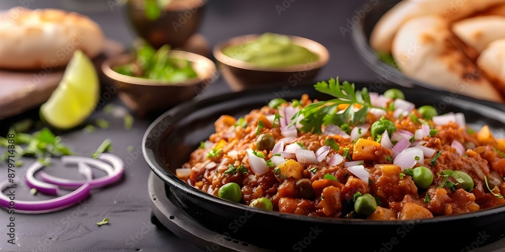 Delicious pav bhaji platter with mashed veggies, fragrant spices, and buttered pav. Concept Indian cuisine, Street food, Vegetarian dish, Mumbai special, Spicy and flavorful Delicious pav bhaji platter with mashed veggies, fragrant spices, and buttered pav. Concept Indian cuisine, Street food, Vegetarian dish, Mumbai special, Spicy and flavorful