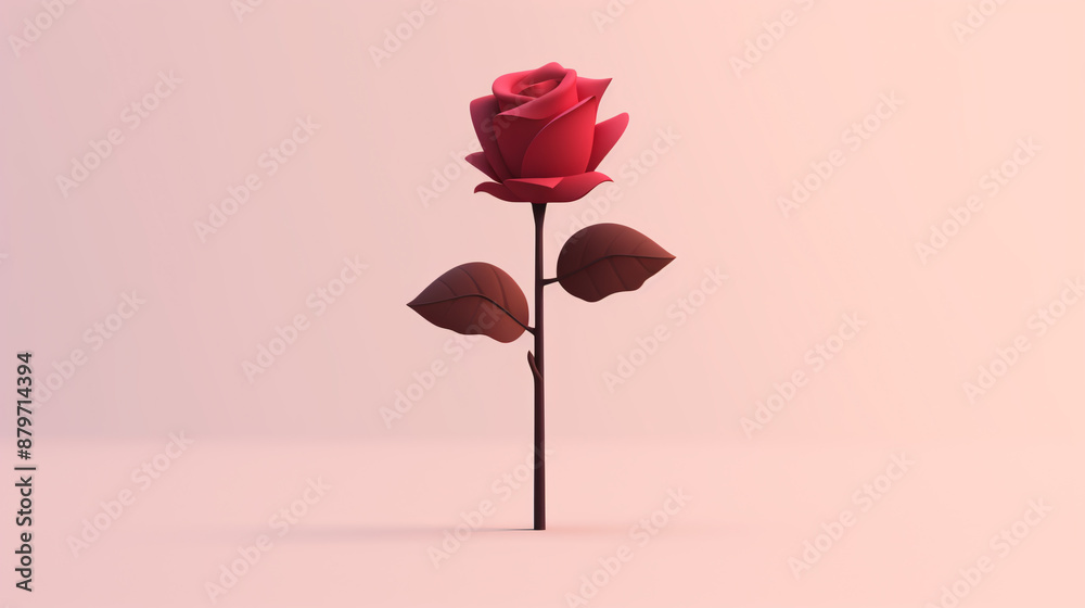 Minimalistic 3D rendering of a single red rose in full bloom on a long stem with leaves against a pink background. Minimalistic 3D rendering of a single red rose in full bloom on a long stem with leaves against a pink background.
