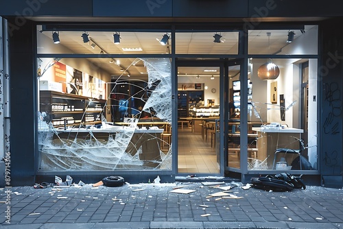 Storefront with shattered glass windows, showing signs of vandalism or accident photo
