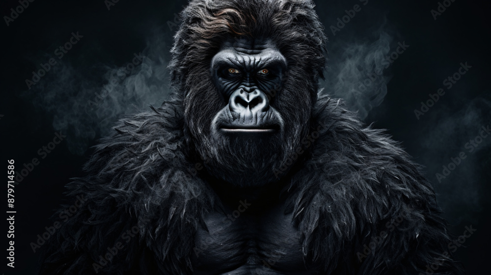 A dark and mysterious gorilla stares out from the darkness, its yellow eyes filled with both wisdom and menace.