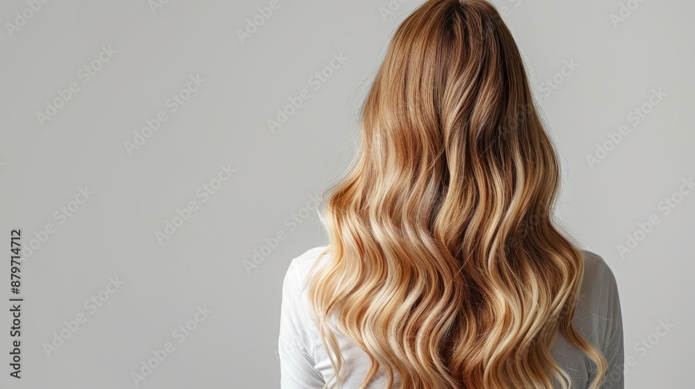 Back view of a woman with long wavy blonde hair in a studio Back view of a woman with long wavy blonde hair in a studio