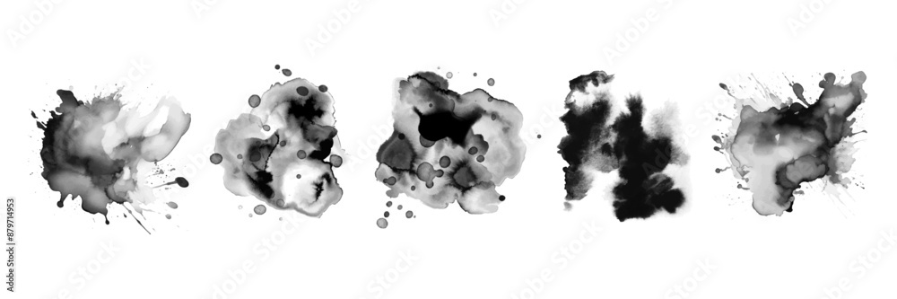 Black ink blob set, vector dark watercolor spot, abstract grunge stain collection, dirty splash. Brushstroke painting liquid silhouette, grunge paper inkblot, spray dripped wet background. Ink blob