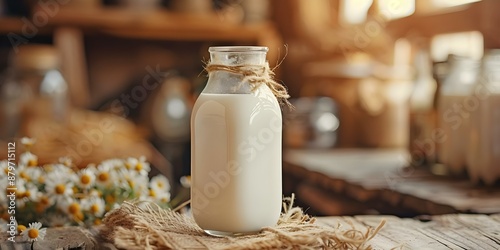 Sustainable Dry Farming Fresh Nonhomogenized Milk with Creamy Top Layer. Concept Sustainable Agriculture, Dry Farming, Non-homogenized Milk, Creamy Top Layer, Fresh Milk photo