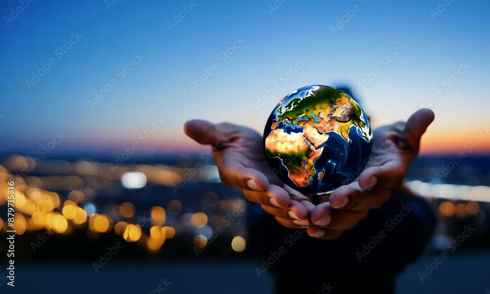 Planet Earth in the hands of a man against the background of the lights of the evening city..