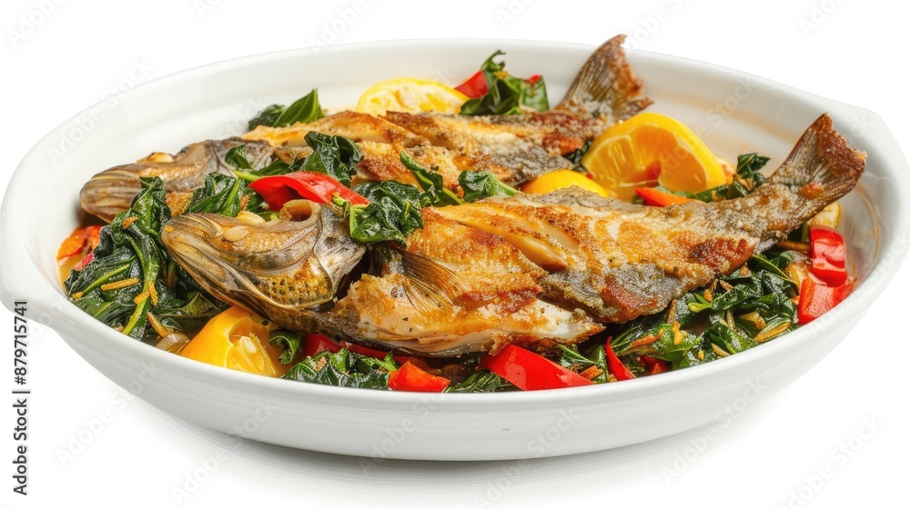 Closeup of two fried fish with lemon slices, peppers, and greens in a white oval dish. Closeup of two fried fish with lemon slices, peppers, and greens in a white oval dish.