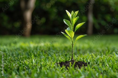 Young plant growing in lush green grass field, symbolizing new life, growth, and nature in a serene outdoor environment.