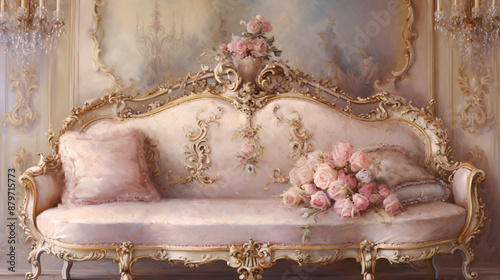 ornate pink and gold rococo style settee with pink roses in a matching vase
