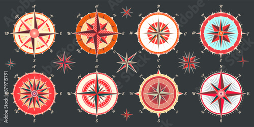 Vintage marine wind rose, nautical chart. Colorful navigational compass with cardinal directions of North, East, South, West. Geographical position, cartography and navigation. Vector illustration