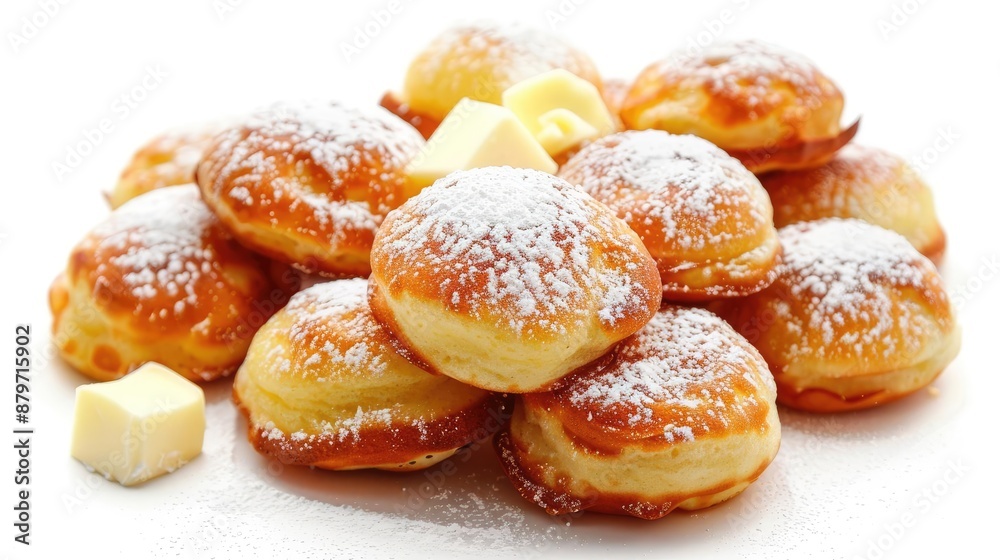 A pile of mini Dutch pancakes, poffertjes, topped with powdered sugar and butter. A pile of mini Dutch pancakes, poffertjes, topped with powdered sugar and butter.