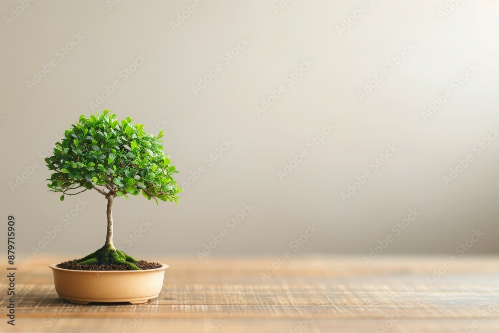 A serene image of a small bonsai tree in a pot, beautifully showcased on a wooden surface with a neutral background. A serene image of a small bonsai tree in a pot, beautifully showcased on a wooden surface with a neutral background.