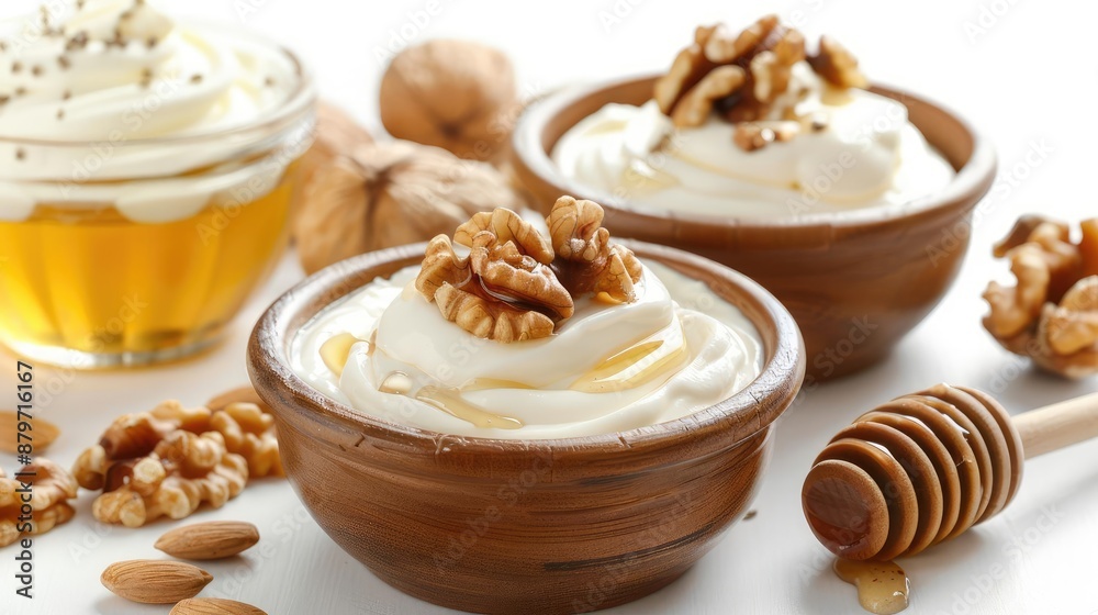 Yogurt with honey and walnuts in bowls, healthy breakfast or snack. Yogurt with honey and walnuts in bowls, healthy breakfast or snack.
