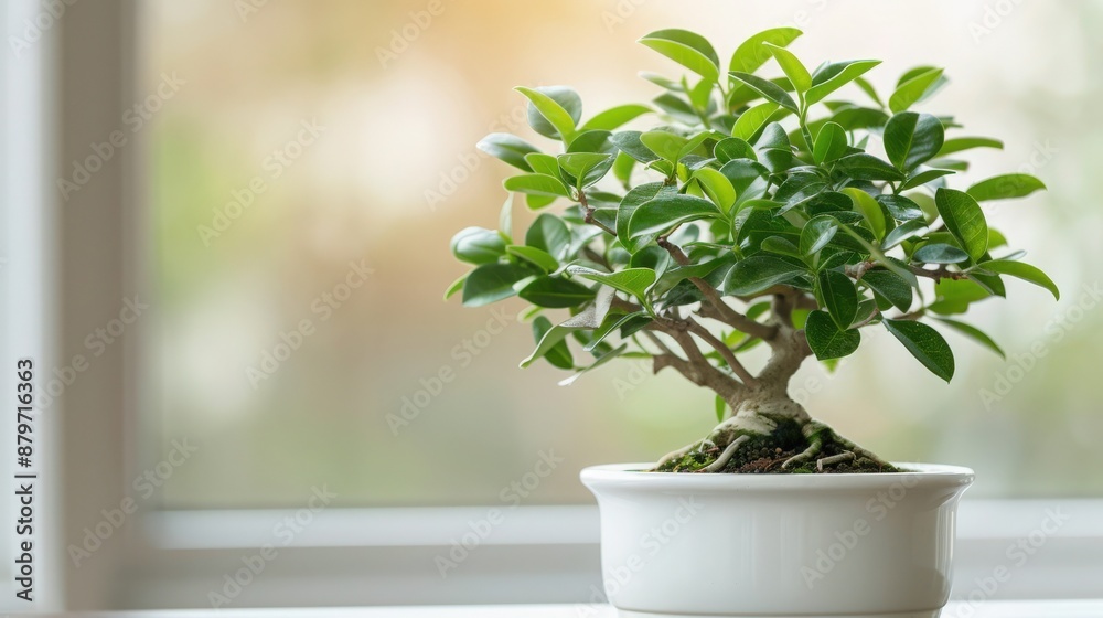 Elegant bonsai tree in a white planters sits by a bright window, radiating calm and tranquility with its lush green leaves. Elegant bonsai tree in a white planters sits by a bright window, radiating calm and tranquility with its lush green leaves.