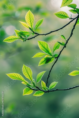 Fresh green leaves on a delicate branch set against a soft, blurred background, depicting the tranquility and beauty of nature.