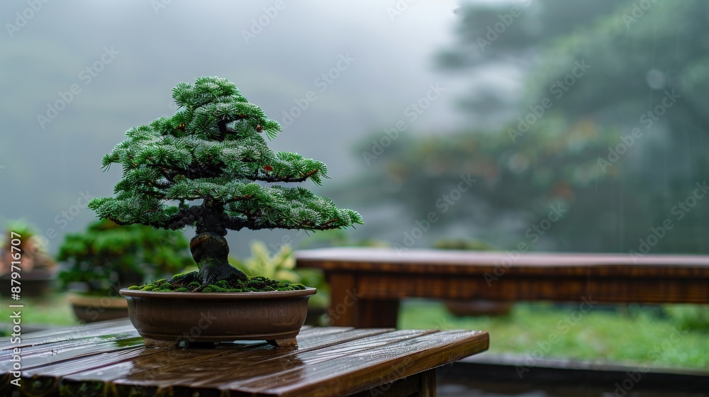 Small bonsai tree in a serene garden setting with misty background, symbolizing tranquility and peaceful ambiance. Perfect for nature-themed projects. Small bonsai tree in a serene garden setting with misty background, symbolizing tranquility and peaceful ambiance. Perfect for nature-themed projects.