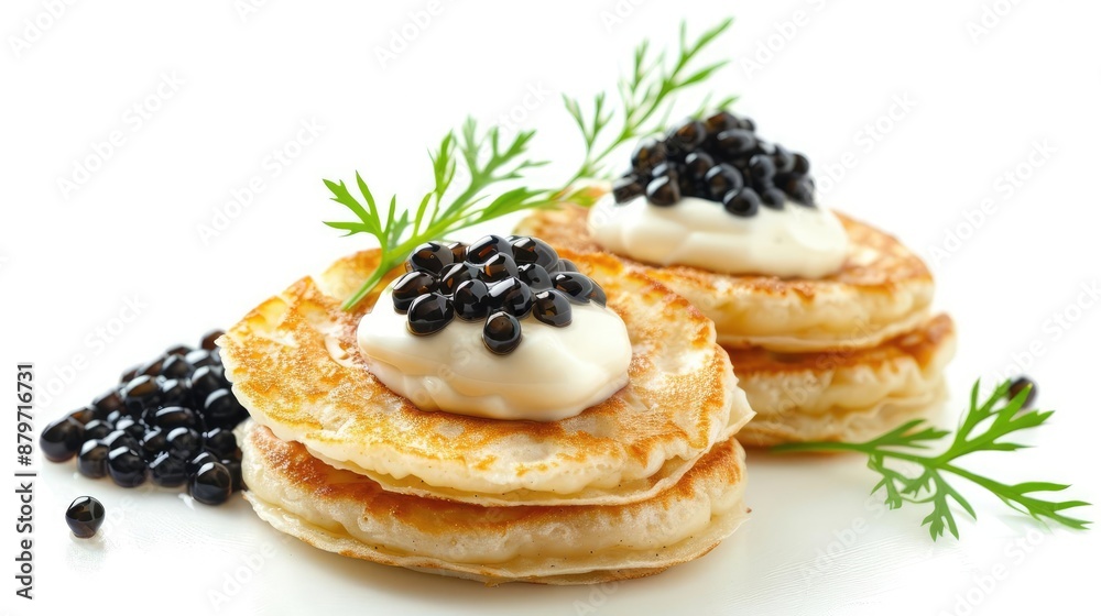 Two blinis topped with caviar and sour cream, garnished with dill. Two blinis topped with caviar and sour cream, garnished with dill.