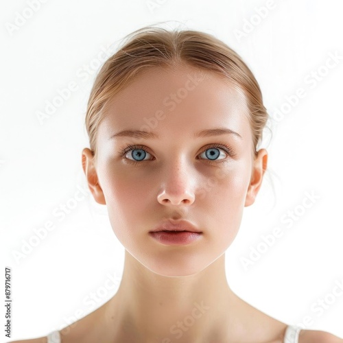 Lifelike photograph of a young woman with healthy, smooth skin, looking serene and content, isolated on white background,, masterpiece