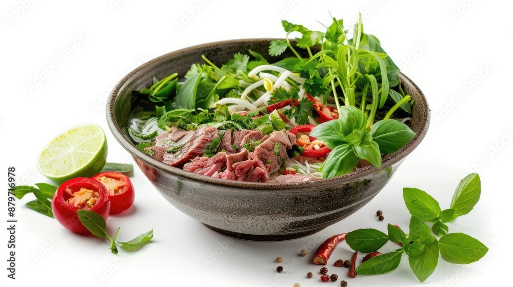 Bowl of Vietnamese Pho with beef, broth, noodles, herbs and spices.