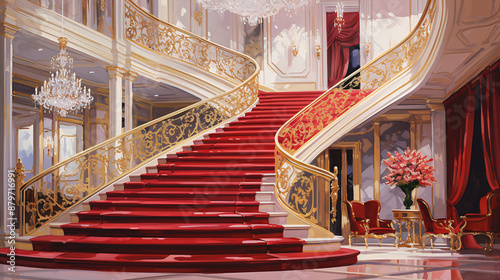 A sweeping staircase with a red carpet leads up to a grand ballroom with opulent chandeliers and marble columns.