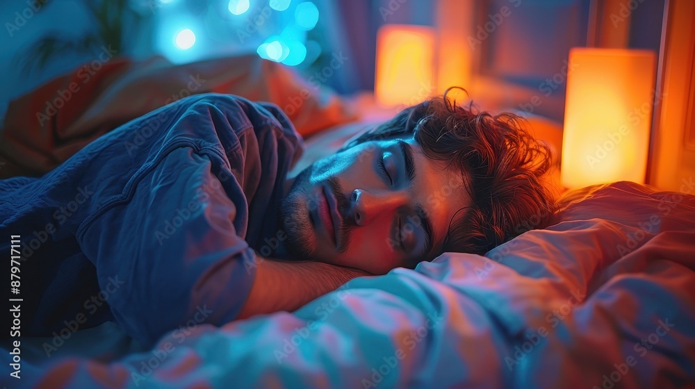 A man is peacefully sleeping in a cozy bed, surrounded by vibrant and warm-colored lighting from lamps, evoking a sense of tranquility and comfort in a serene bedroom setting. A man is peacefully sleeping in a cozy bed, surrounded by vibrant and warm-colored lighting from lamps, evoking a sense of tranquility and comfort in a serene bedroom setting.