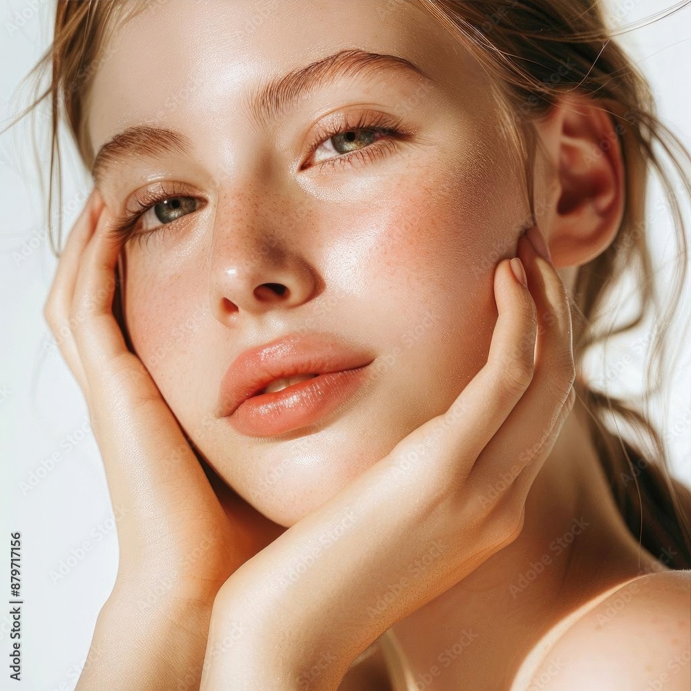 Highdefinition photograph of a young woman with a smooth, healthy complexion, softly touching her face, isolated on white background,, asia,china Highdefinition photograph of a young woman with a smooth, healthy complexion, softly touching her face, isolated on white background,, asia,china