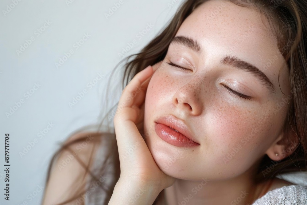 Detailed photograph of a young woman with naturally radiant skin, relaxing after a skincare routine, isolated on white background,, Photo realistic Detailed photograph of a young woman with naturally radiant skin, relaxing after a skincare routine, isolated on white background,, Photo realistic