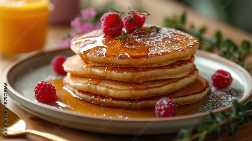 Delicious Stack of Pancakes with Syrup and Raspberries