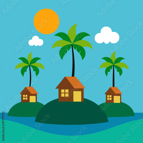 Multiple lodges on the island with coconut trees and sun vector illustration 