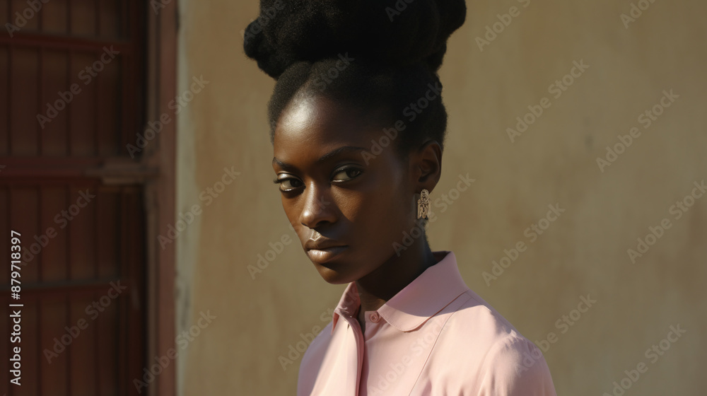 Obraz premium Close up portrait of a beautiful confident young African woman with elaborate head wrap wearing pink shirt looking at camera with serious expression
