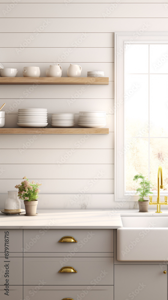 Bright and airy kitchen with white cabinets, wood shelves, and a large window Bright and airy kitchen with white cabinets, wood shelves, and a large window