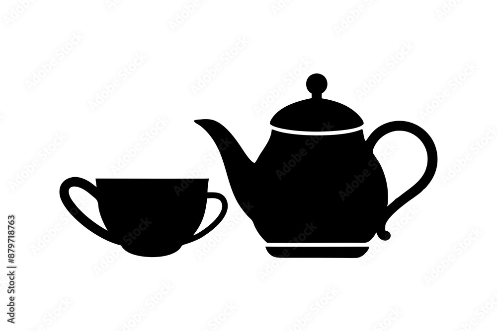 Minimalist teapot with Tea cup icon vector silhouette on white background Minimalist teapot with Tea cup icon vector silhouette on white background
