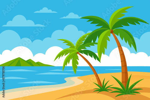 Tropical beach with palm vector illustration on white background