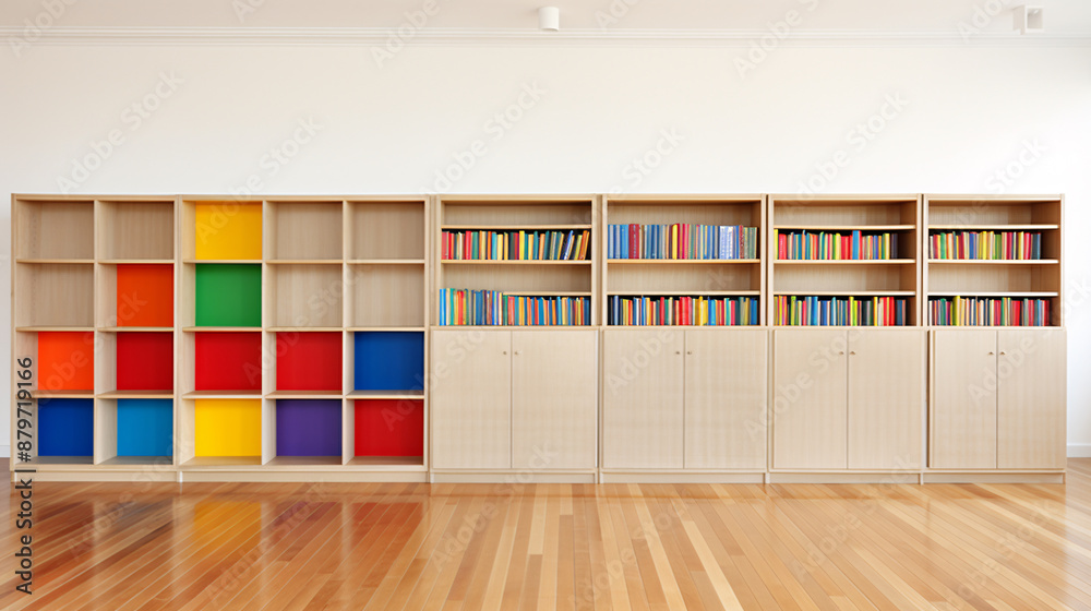 Bright and colorful empty bookshelves against a white wall, waiting to be filled with your imagination and knowledge. Bright and colorful empty bookshelves against a white wall, waiting to be filled with your imagination and knowledge.