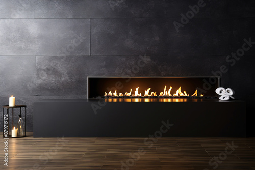 Modern fireplace with black surround and burning flames.
