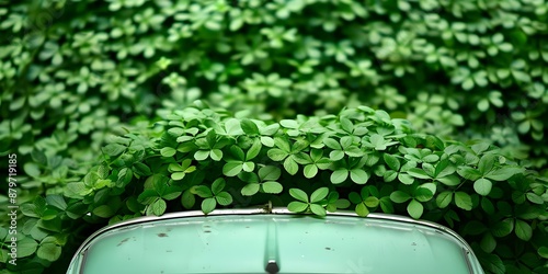 Green plants on car used in a greenwashing scheme. Concept Greenwashing, Environmental Marketing, Plant-covered Car, Sustainability, Misleading Advertising photo