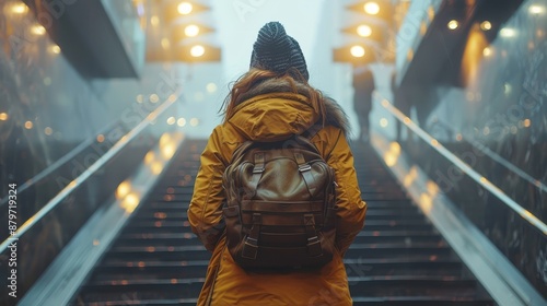 A lone traveler carrying a backpack walks up the misty, fog-covered stairs of a urban area, creating a sense of mystery and exploration against the backdrop of city elements.