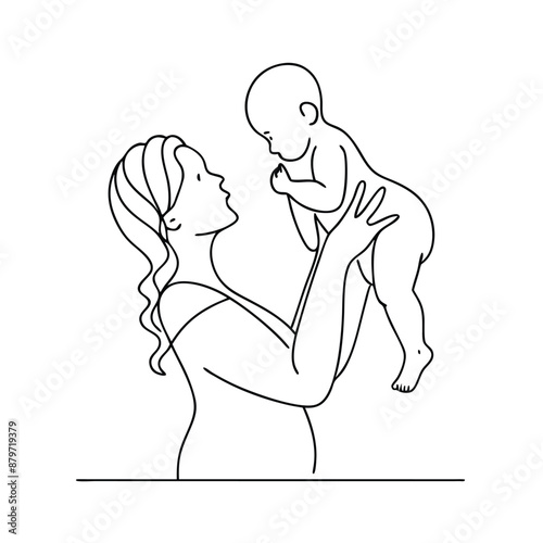 mother tenderly holding up her baby. line art vector illustration, white background 