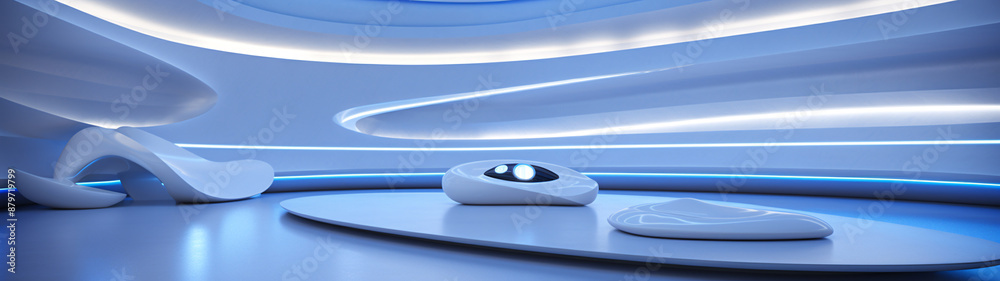 Futuristic interior of spaceship cabin with white and blue colors, smooth shapes and soft light Futuristic interior of spaceship cabin with white and blue colors, smooth shapes and soft light