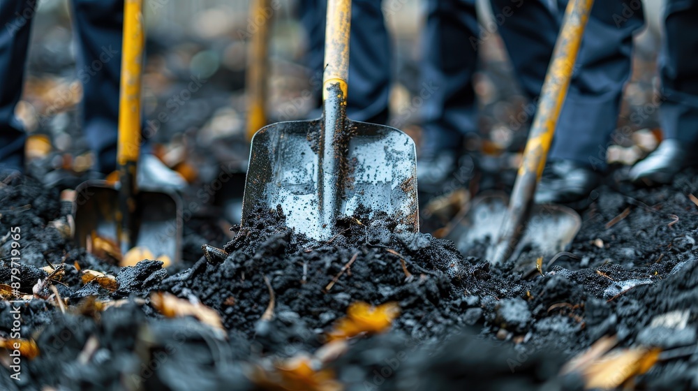 A group of construction workers use shovels to dig in the muddy ground, highlighted by the various tools planted firmly in the wet earth, showcasing teamwork. A group of construction workers use shovels to dig in the muddy ground, highlighted by the various tools planted firmly in the wet earth, showcasing teamwork.